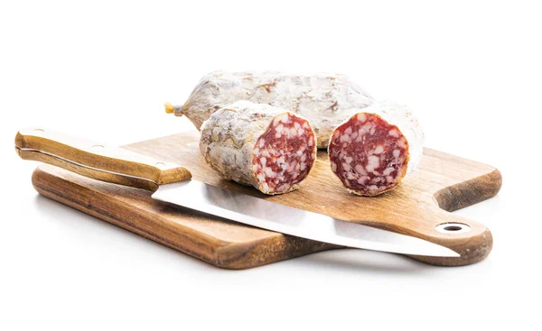 Traditional Sausage White Mold Dried Pork Salami Isolated White Background — Stok fotoğraf