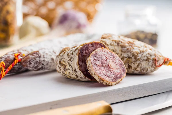 Traditional Sausage White Mold Dried Sliced Pork Salami Cutting Board — Stock Photo, Image