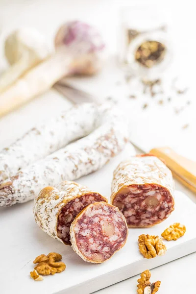 Traditional Sausage White Mold Dried Sliced Pork Salami Cutting Board — Stock Photo, Image