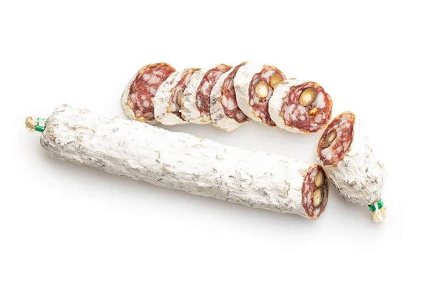 Traditional Sausage White Mold Dried Sliced Pork Salami Isolated White — Stockfoto