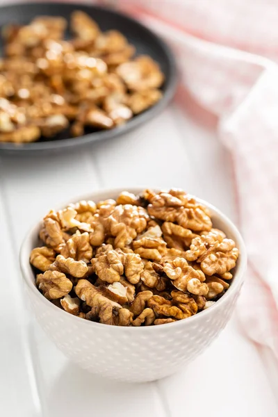 Peeled Walnut Kernels Bowl White Table — Stock Photo, Image