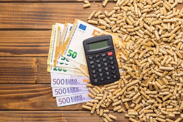 Wooden Pellets Euro Banknotes Biofuel Wooden Table Ecologic Fuel Made — Stock fotografie