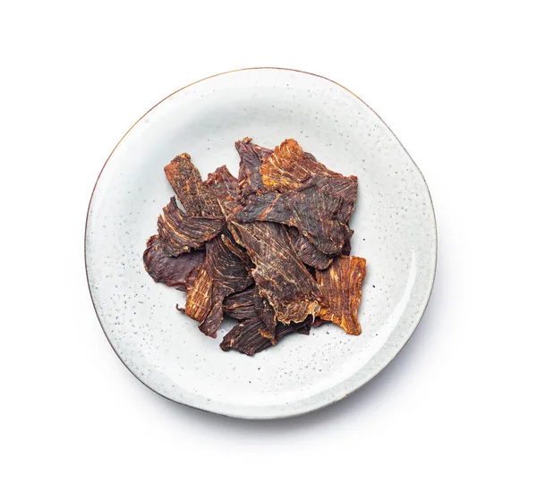 Rundvlees Gedroogd Vlees Bord Gedroogd Gesneden Vlees Geïsoleerd Een Witte — Stockfoto
