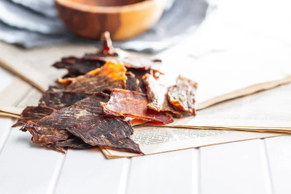 Beef Jerky Meat Dried Sliced Meat White Table — Stock Photo, Image