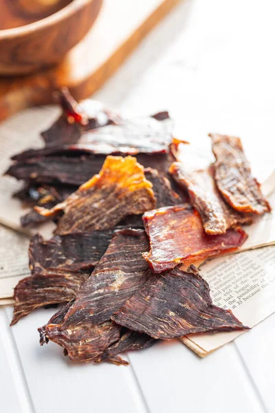 Beef Jerky Meat Dried Sliced Meat White Table — Stock Photo, Image