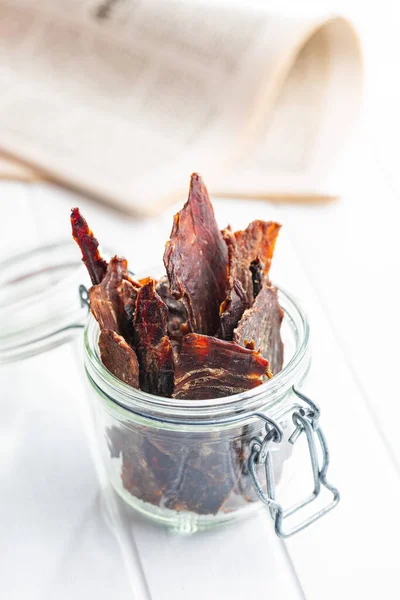 Beef Jerky Meat Dried Sliced Meat White Table — Stock Photo, Image