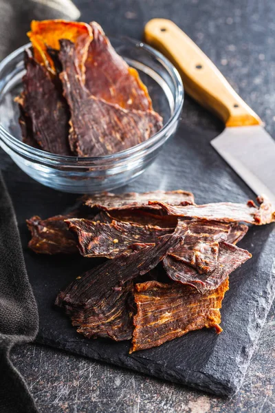 Beef Jerky Meat Dried Sliced Meat Cuting Board — Stock Photo, Image