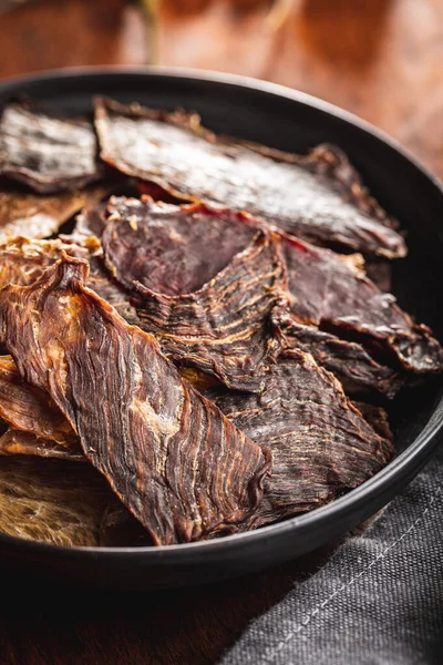 Beef Jerky Meat Dried Sliced Meat Plate — Stock Photo, Image