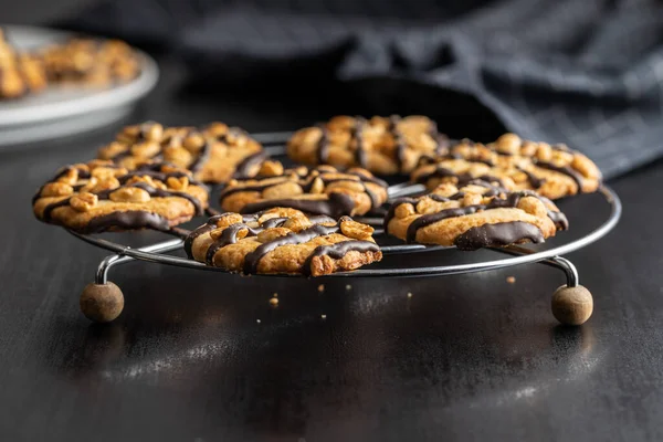 Chip Cookies Peanuts Chocolate Strips Black Table — Stock Photo, Image