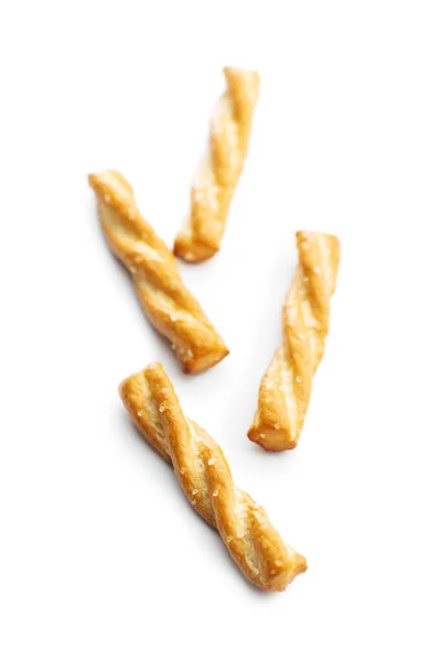 Zoute Krakelingen Gezouten Crackers Geïsoleerd Een Witte Achtergrond — Stockfoto