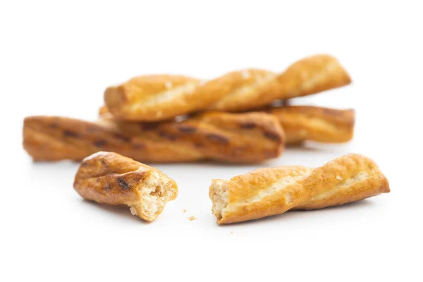 Palitos Pretzel Salados Galletas Saladas Aisladas Sobre Fondo Blanco —  Fotos de Stock