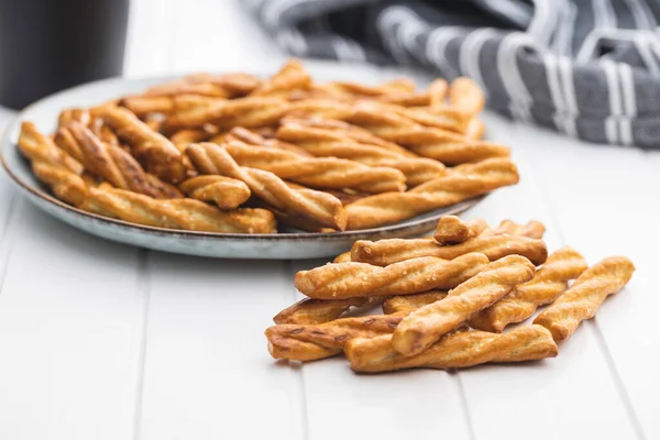 Salted Pretzel Sticks Salted Crackers Plate — Stock Photo, Image