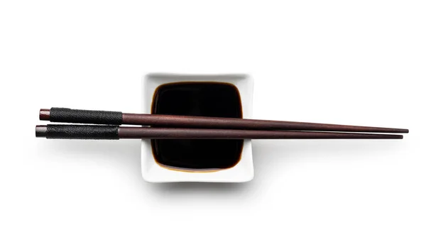 Soy Sauce Bowl Chopsticks Isolated White Background — Stock Photo, Image