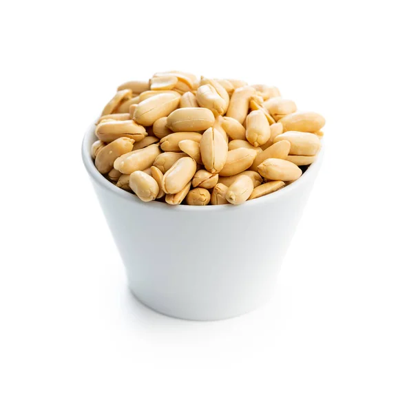 Amendoins Descascados Assados Tigela Isolada Fundo Branco — Fotografia de Stock