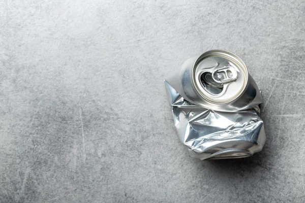 Empty Crumpled Can Gray Table Top View — Stock Photo, Image