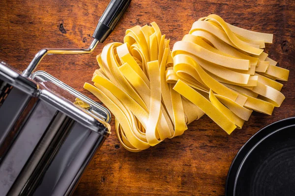 Uncooked Pappardelle Pasta Wooden Table — Stock Photo, Image