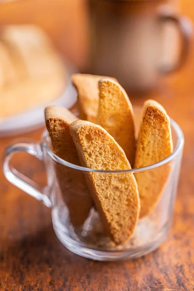 Sweet Anicini Cookies Italian Biscotti Anise Flavor Cup Wooden Table — 图库照片