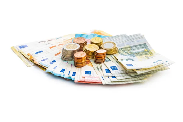 Euro Coins Paper Euro Banknotes Isolated White Background — Stok fotoğraf