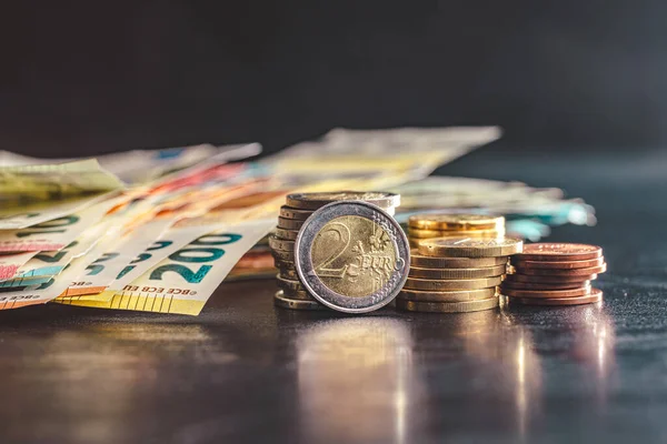 Euro Coins Paper Euro Banknotes Black Table — Stockfoto