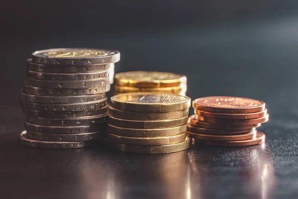 Stack Euro Coins Black Table — Stockfoto