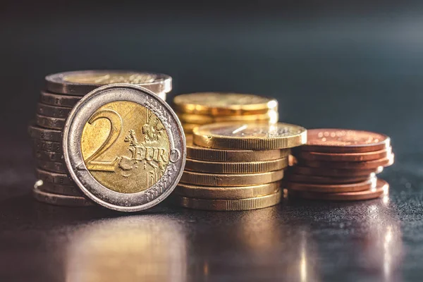 Stack Euro Coins Black Table — Foto Stock