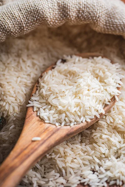 Uncooked White Rice Wooden Spoon — 스톡 사진