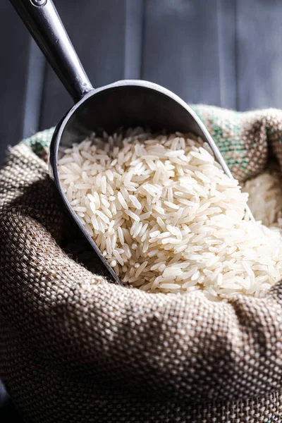 Uncooked White Rice Burlap Sack — Stock Photo, Image