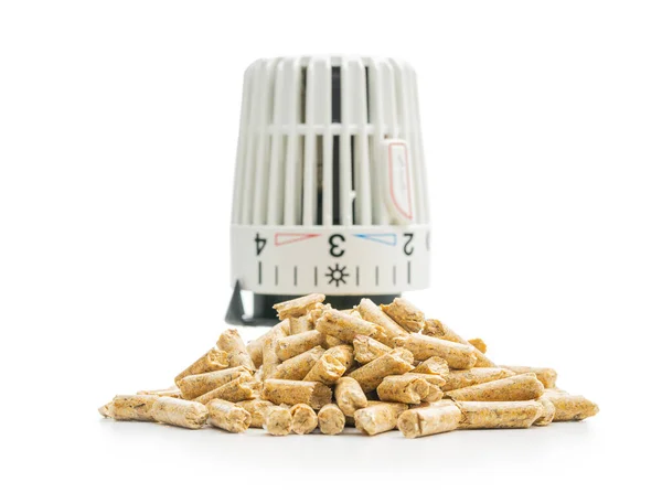 Wooden Pellets Thermostatic Valve Head Isolated White Background Biomass Renewable — ストック写真