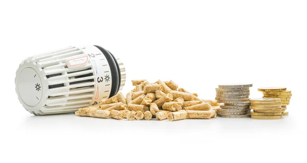Wooden Pellets Coins Money Thermostatic Valve Head Isolated White Background — Zdjęcie stockowe