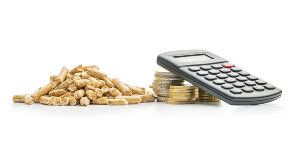 Wooden Pellets Calculator Coins Money Head Isolated White Background Biomass — ストック写真