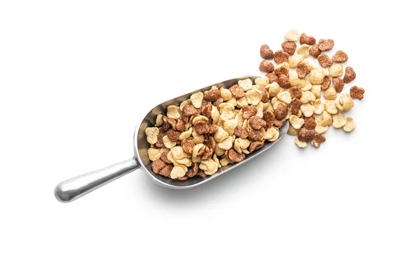 Breakfast Cereal Flakes Metal Scoop Isolated White Background — Zdjęcie stockowe
