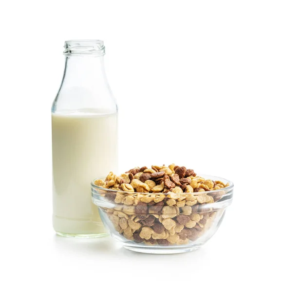 Breakfast Cereal Flakes Bowl Milk Isolated White Background — ストック写真