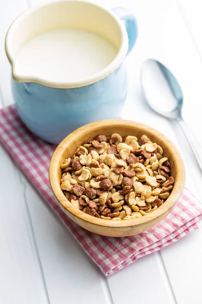 Breakfast Cereal Flakes Bowl Milk Checkered Napkin — Stock Photo, Image