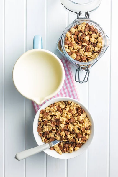 Breakfast Cereal Flakes Milk Kitchen Table Top View — Stock Photo, Image