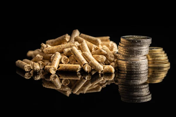 Wooden Pellets Euro Coins Black Background Biomass Renewable Source Heating — 图库照片