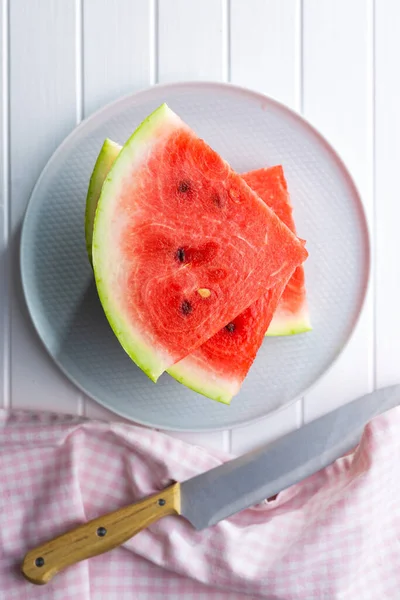 Slices Red Watermelon Plate Top View — Stockfoto