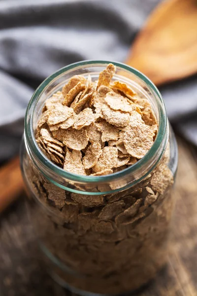 Whole Grain Cereal Flakes Wholegrain Breakfast Cereals Jar Kitchen Table — Stockfoto