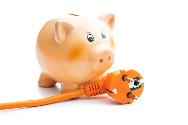 Orange Extension Power Cord Piggy Bank Isolated White Background Concept — 图库照片
