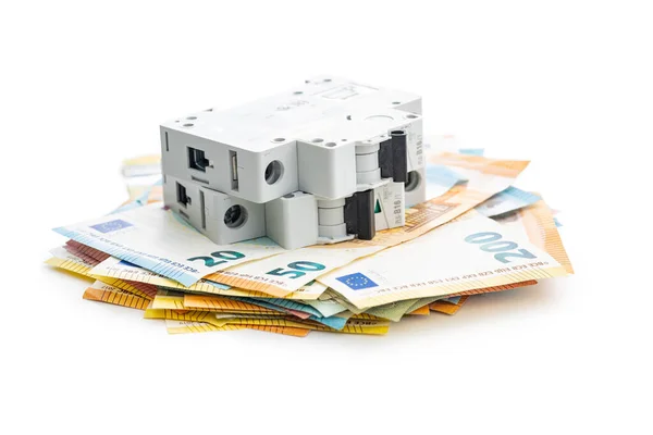 Circuit Breaker Euro Paper Money Isolated White Background Concept Increasing Stockbild