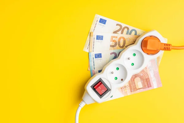 Electric Socket Euro Money Yellow Background Concept Increasing Electric Prices — Zdjęcie stockowe