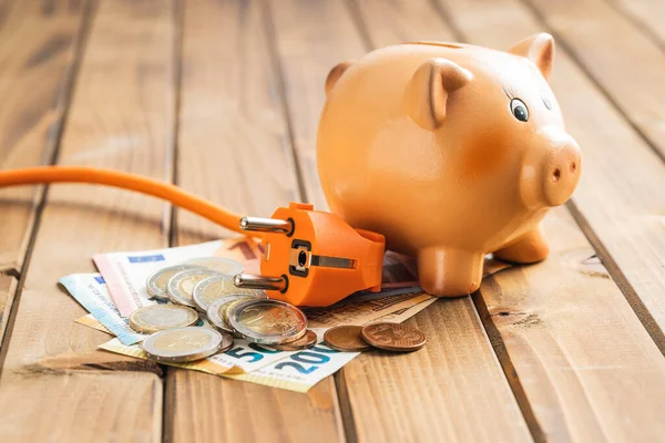 Electric Plug Euro Money Piggy Bank Wooden Table Concept Increasing — Stockfoto