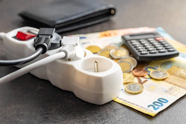 Electric Plug Euro Money Calculator Black Table Concept Increasing Electric — Foto Stock