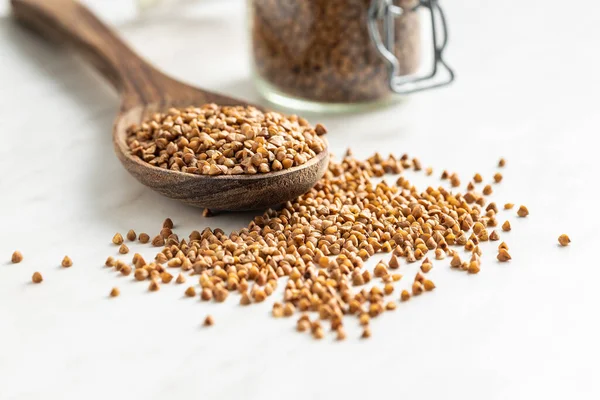 Uncooked Buckwheat Grain Wooden Spoon — ストック写真