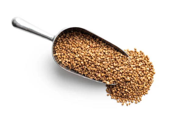 Uncooked Buckwheat Grain Scoop Isolated White Background — Φωτογραφία Αρχείου