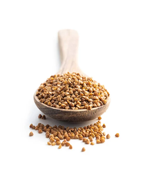Uncooked Buckwheat Grain Wooden Spoon Isolated White Background — 스톡 사진