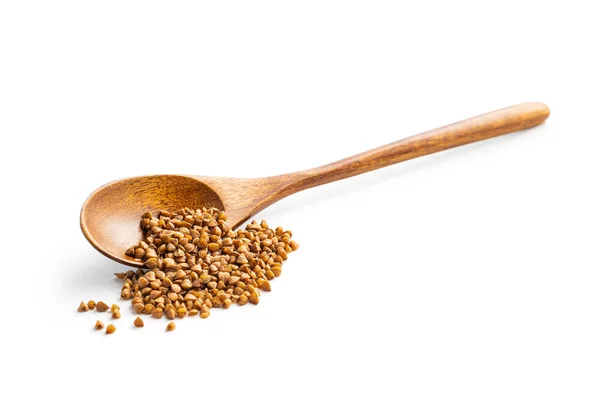 Uncooked Buckwheat Grain Wooden Spoon Isolated White Background — Stock fotografie