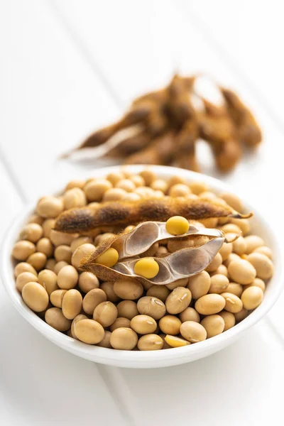 Soy Beans Dried Soybean Pod Bowl White Table — Stock Photo, Image
