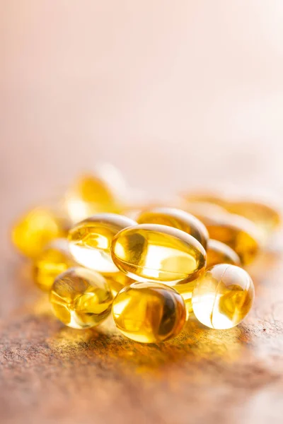 Fish Oil Capsules Yellow Omega Pills Wooden Table — Stock Photo, Image