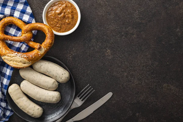 Traditional Bavarian White Sausages Plate Pretzes Top View — Stock Photo, Image