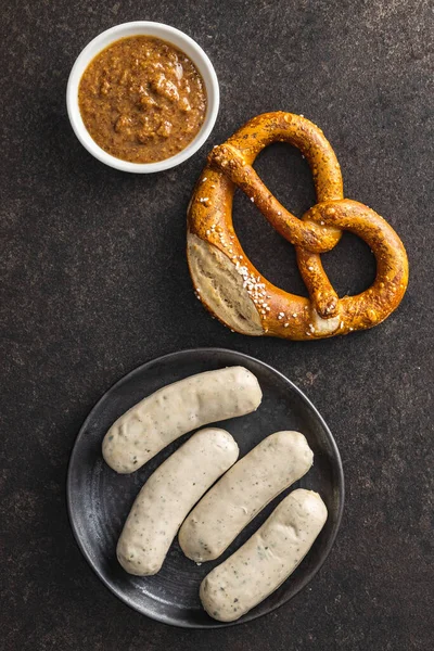 Traditionelle Bayerische Weißwürste Auf Dem Teller Und Brezeln Ansicht Von — Stockfoto